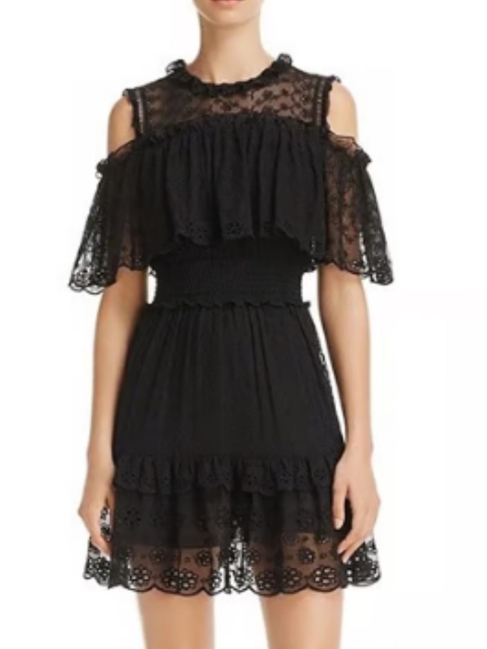 Rebecca Taylor Black Cold-Shoulder Silk Eyelet Mini Dress